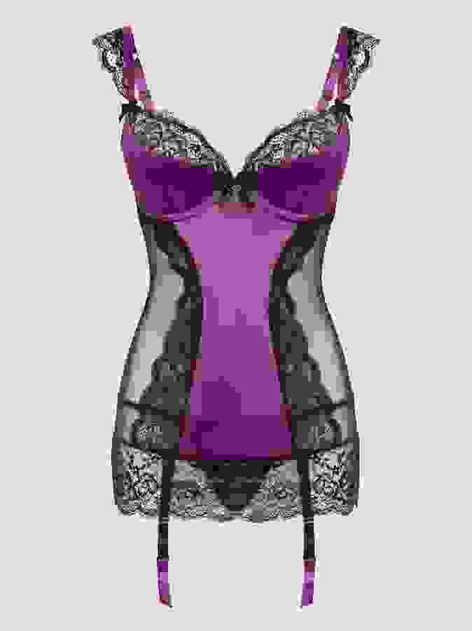 Lovehoney Treasure Me Purple Underwired Plunge Chemise Set, Purple, hi-res